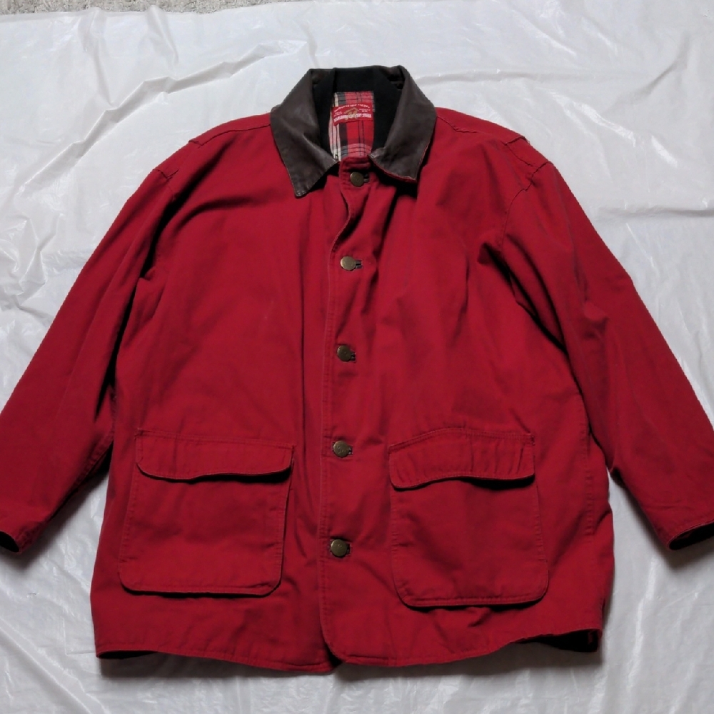 Marlboro County Store Vintage Red Barn Chore Jacket Leather Collar Zip Out Liner